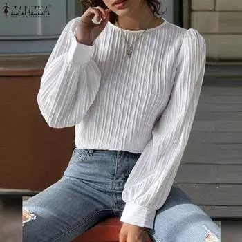 ZANZEA Женская повседневная свободная блузка с длинным рукавом и круглым вырезом S белый