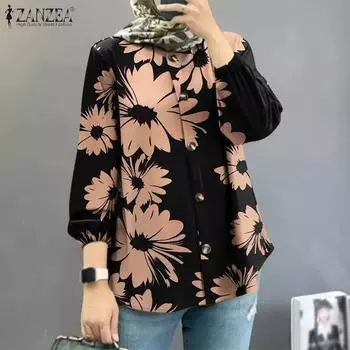 ZANZEA Женская повседневная свободная блузка с длинным рукавом и принтом S бежевый