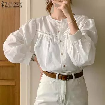 ZANZEA Женская повседневная свободная блузка с длинным рукавом и круглым вырезом M белый