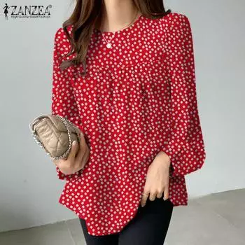 ZANZEA Женская повседневная свободная блузка с длинным рукавом и круглым вырезом с цветочным принтом S чёрный