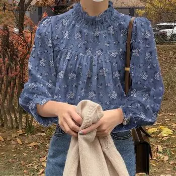 ZANZEA Женская повседневная свободная блузка с длинным рукавом и воротником-стойкой с цветочным принтом S жёлтый