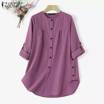 ZANZEA Женская повседневная свободная блузка с круглым вырезом и длинными рукавами на пуговицах S фиолетовый