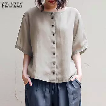 ZANZEA Женские повседневные блузки с круглым вырезом и короткими рукавами с оборками 5XL серый