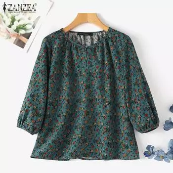 ZANZEA Женская повседневная свободная блузка с круглым вырезом и цветочным принтом с рукавами 3/4 4XL розовый
