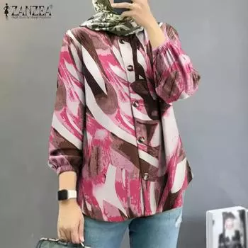 ZANZEA Женская повседневная свободная блузка с круглым вырезом и длинным рукавом на пуговицах