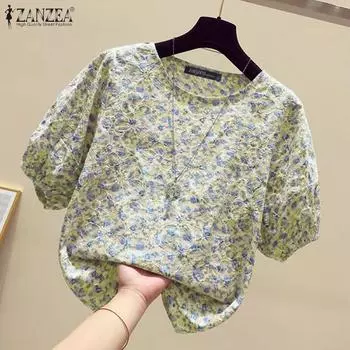 ZANZEA Женская повседневная свободная блузка с круглым вырезом и рукавами-фонариками с цветочным принтом S зелёный