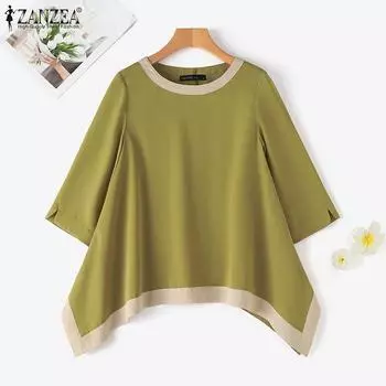 ZANZEA Женская повседневная свободная блузка с круглым вырезом и рукавами 3/4 нестандартной формы S зелёный