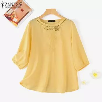 ZANZEA Женская повседневная свободная блузка с круглым вырезом и рукавами 3/4 с вышивкой S темно-синий