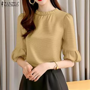 ZANZEA Женская повседневная свободная блузка с круглым вырезом и рукавами 3/4 3XL жёлтый