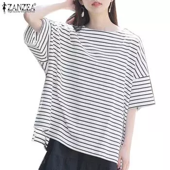 ZANZEA Женская повседневная свободная блузка с круглым вырезом в полоску и принтом до половины рукава L белый