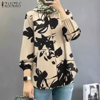 ZANZEA Женская повседневная свободная блузка с круглым вырезом и длинными рукавами с принтом на пуговицах M бежевый