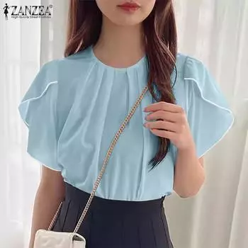 ZANZEA Женская повседневная свободная блузка с круглым вырезом, двухслойная пышная блузка с коротким рукавом 4XL белый