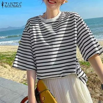 ZANZEA Женская повседневная свободная блузка с круглым вырезом в полоску и принтом до половины рукава XL жёлтый