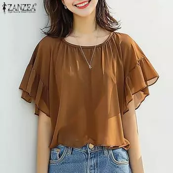 ZANZEA Женская повседневная свободная блузка с круглым вырезом и короткими рукавами в стиле пэчворк S белый