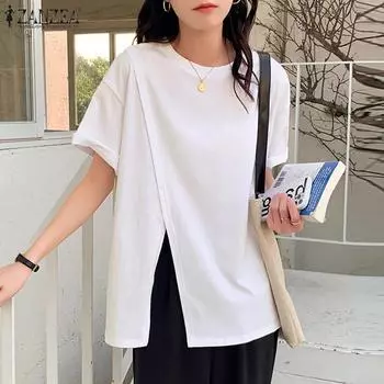 ZANZEA Женская повседневная свободная блузка с круглым вырезом и короткими рукавами, косыми лацканами и нерегулярным подолом M