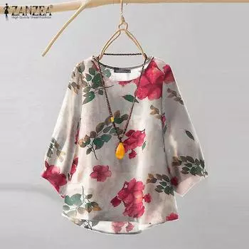 ZANZEA Женская повседневная свободная блузка с круглым вырезом и рукавами 3/4 с цветочным принтом S фиолетовый