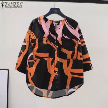 ZANZEA Женская повседневная свободная блузка с круглым вырезом и рукавами 3/4 с принтом S чёрный