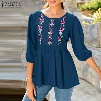 ZANZEA Женская повседневная свободная блузка с круглым вырезом и рукавами 3/4 с вышивкой S темно-синий