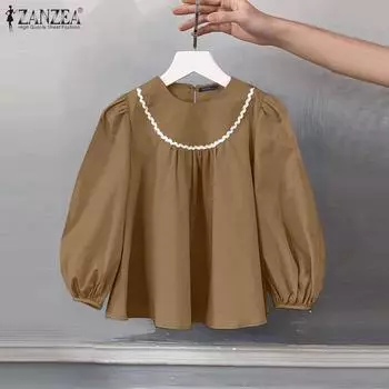 ZANZEA Женская повседневная свободная блузка с круглым вырезом и рукавами 3/4 L