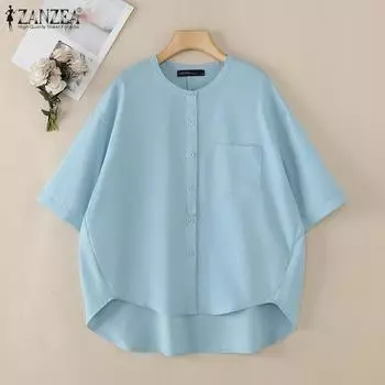 ZANZEA Женская повседневная свободная блузка с круглым вырезом и короткими рукавами M светло-синий