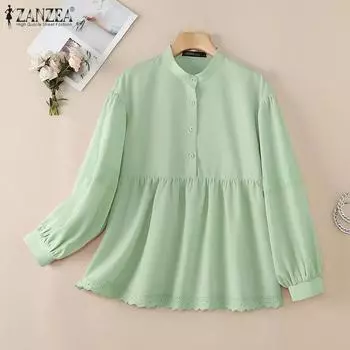 ZANZEA Женская повседневная свободная блузка с круглым вырезом и длинными рукавами S бежевый