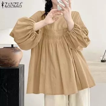 ZANZEA Женская повседневная свободная блузка с круглым вырезом и длинными рукавами S чёрный