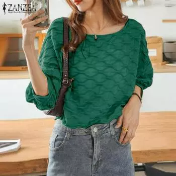 ZANZEA Женская повседневная свободная блузка с круглым вырезом и рукавами 3/4 S чёрный