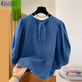 ZANZEA Женская повседневная свободная блузка с круглым вырезом и короткими рукавами S синий
