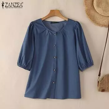 ZANZEA Женская повседневная свободная блузка с круглым вырезом и половиной рукавов S чёрный