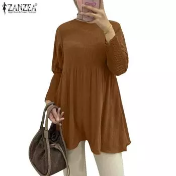 ZANZEA Женская повседневная свободная блузка с круглым вырезом и длинными рукавами M коричневый