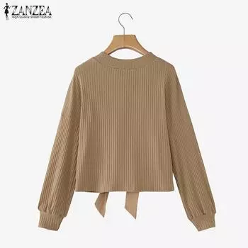 ZANZEA Женская повседневная свободная блузка с круглым вырезом и длинными рукавами S чёрный