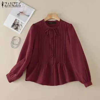 ZANZEA Женская повседневная свободная блузка с круглым вырезом и длинными рукавами S хаки