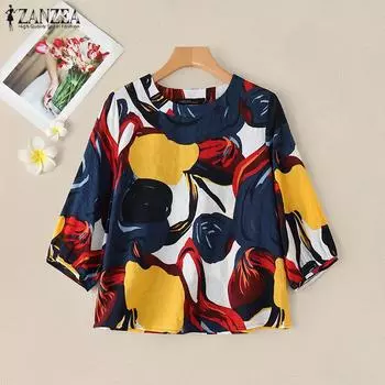 ZANZEA Женская повседневная свободная блузка с круглым вырезом и рукавами 3/4 с принтом M хаки