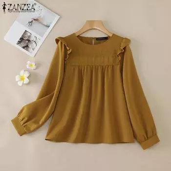 ZANZEA Женская повседневная свободная блузка с круглым вырезом и длинными рукавами 2XL бежевый