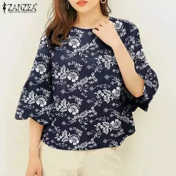ZANZEA Женская повседневная свободная блузка с круглым вырезом и рукавами 3/4 с принтом S темно-синий