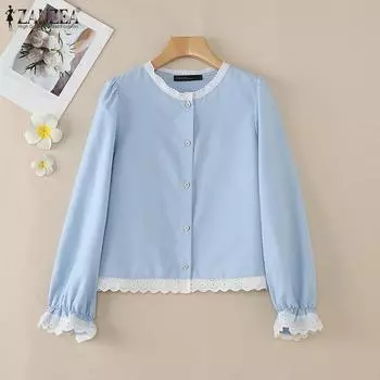 ZANZEA Женская повседневная свободная блузка с круглым вырезом и длинными рукавами M светло-синий