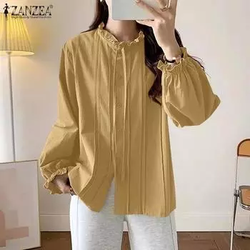 ZANZEA Женская повседневная свободная блузка с круглым вырезом и длинными рукавами S белый