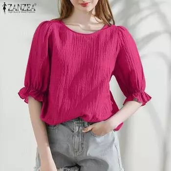 ZANZEA Женская повседневная свободная блузка с круглым вырезом и половиной рукавов 2XL хаки