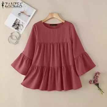 ZANZEA Женская повседневная свободная блузка с круглым вырезом и рукавами 3/4 S синий