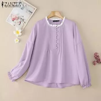 ZANZEA Женская повседневная свободная блузка с круглым вырезом и длинными рукавами S фиолетовый