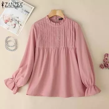 ZANZEA Женская повседневная свободная блузка с круглым вырезом и длинными рукавами 4XL