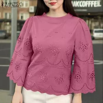 ZANZEA Женская повседневная свободная блузка с круглым вырезом и рукавом 3/4 в стиле пэчворк S розовый