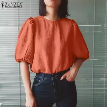ZANZEA Женская повседневная свободная блузка с круглым вырезом и короткими рукавами XL оранжевый