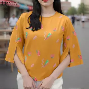 ZANZEA Женская повседневная свободная блузка с круглым вырезом и рукавами 3/4 с принтом S белый