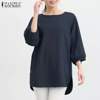 ZANZEA Женская повседневная свободная блузка с круглым вырезом и боковым разрезом с рукавами 3/4