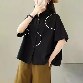 ZANZEA Женская повседневная свободная блузка с отложным воротником и короткими рукавами 3XL чёрный