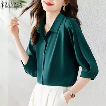 ZANZEA Женская повседневная свободная блузка с отложным воротником и рукавами 3/4