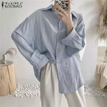 ZANZEA Женская повседневная свободная блузка с отложным воротником и длинными рукавами