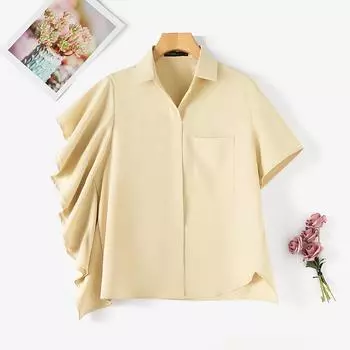 ZANZEA Женская повседневная свободная блузка с отложным воротником и оборками с короткими рукавами S чёрный