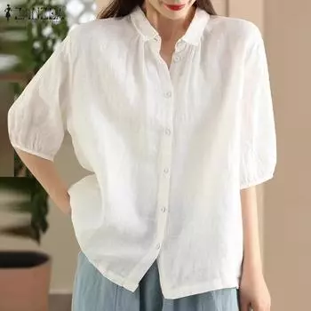 ZANZEA Женская повседневная свободная блузка с отложным воротником и короткими рукавами S белый